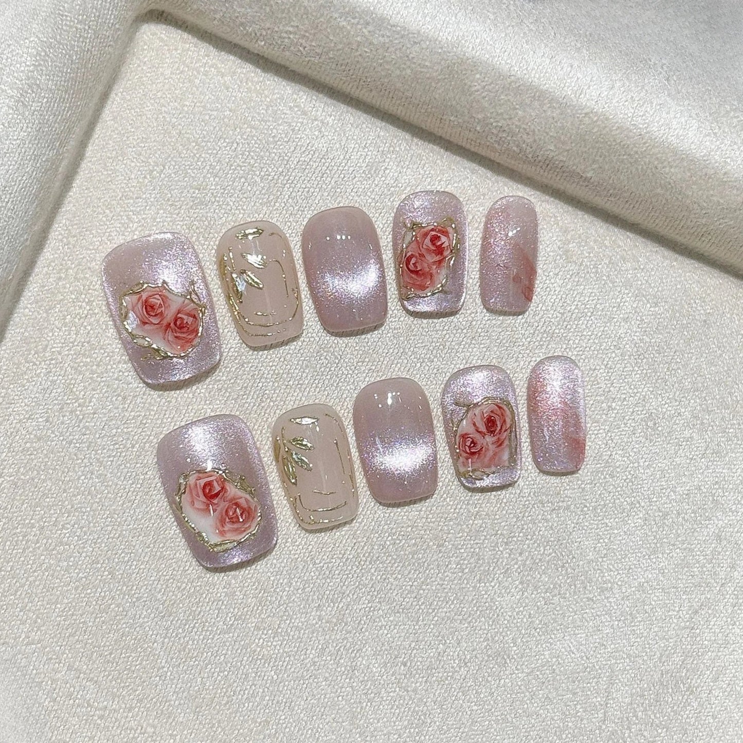10Pcs Handmade Press-On Nails – Cute Flower & Butterfly Design with Glossy Diamond Full Cover Acrylic Tips