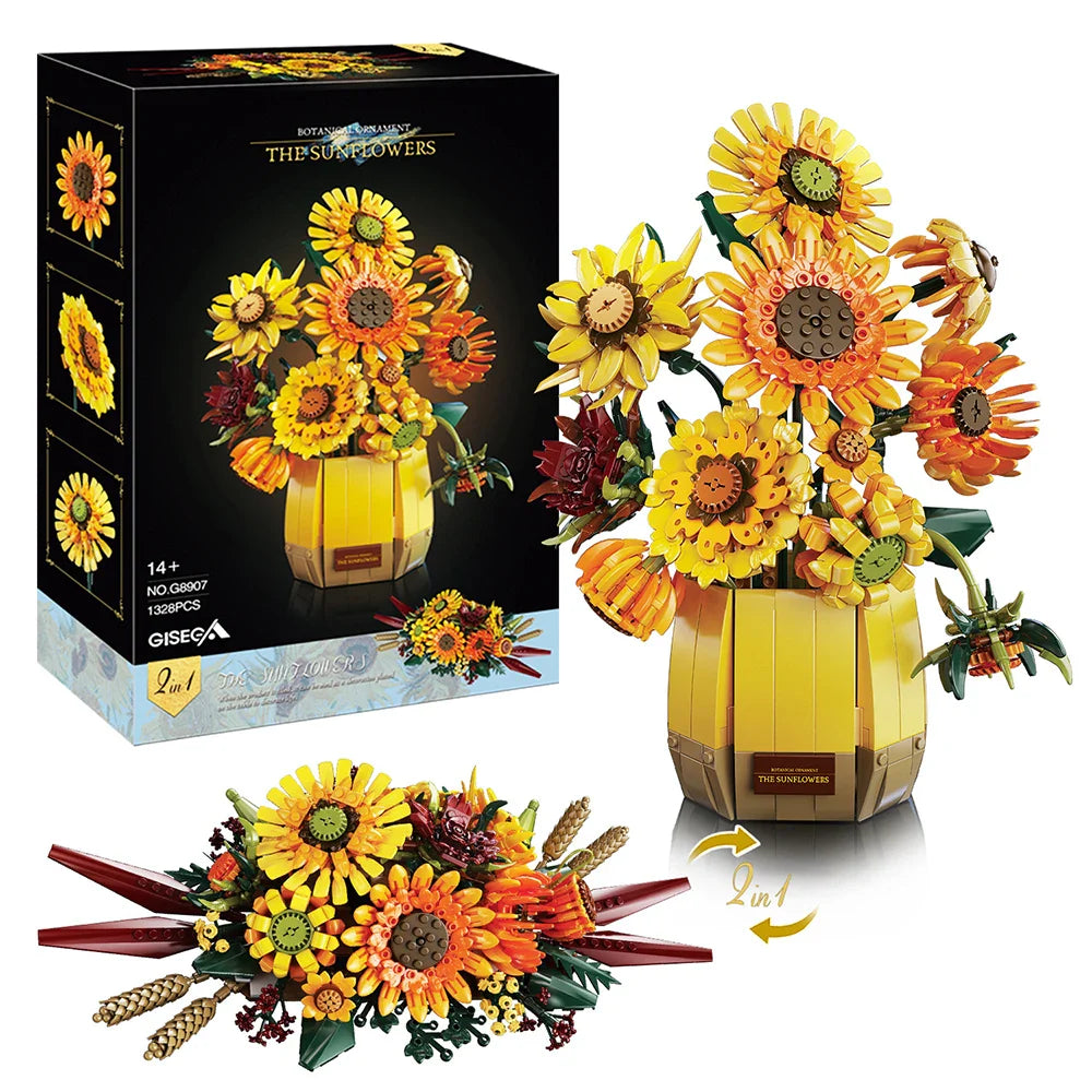 1328PCS Sunflower Building Blocks Set – Creative Flower Bouquet Vase Model for Home Decor & Kids Gifts