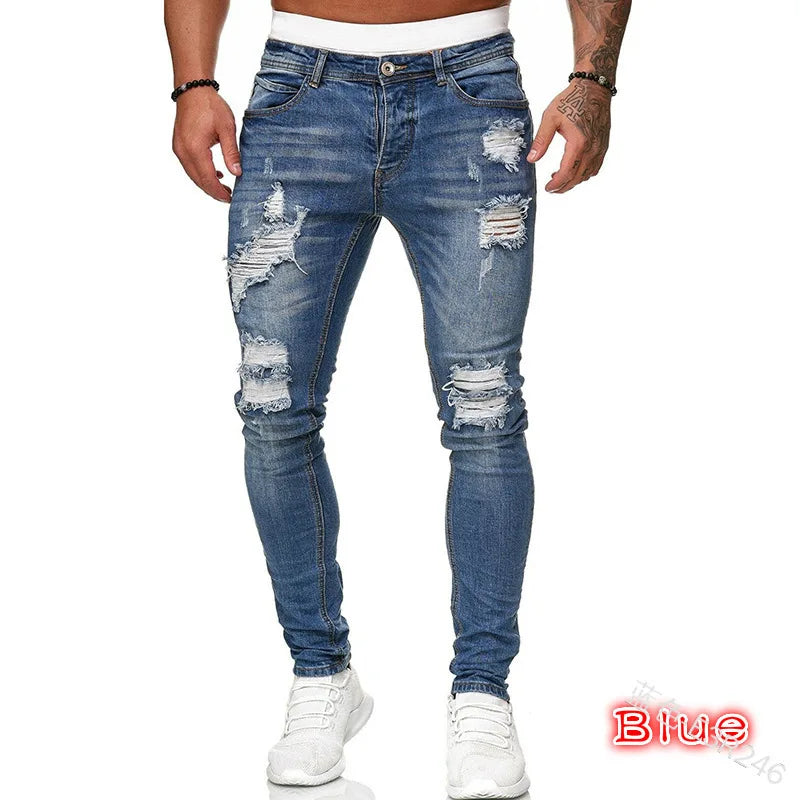 Men’s Retro Washed Stretch Denim Jeans – Slim Fit Zipper Casual Skinny Pencil Pants, Plus Size