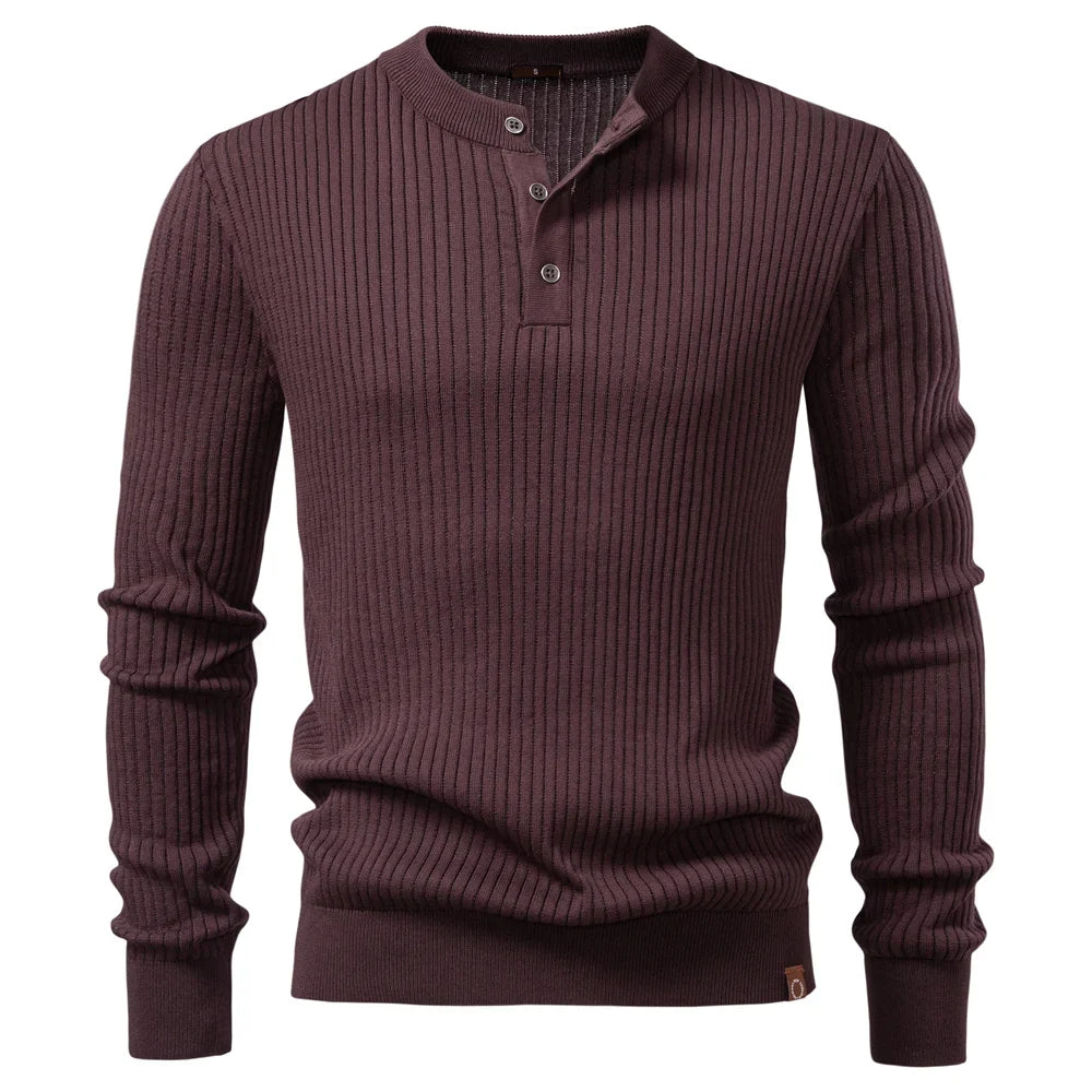 Men's Ribbed Stripe Polo Shirt - Long Sleeve Button Placket Premium Business Casual Top