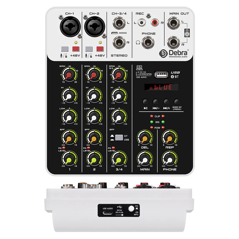 V4 4-Channel Audio Interface Mixer — USB & Bluetooth with 48V Phantom Power, Effects & Recording