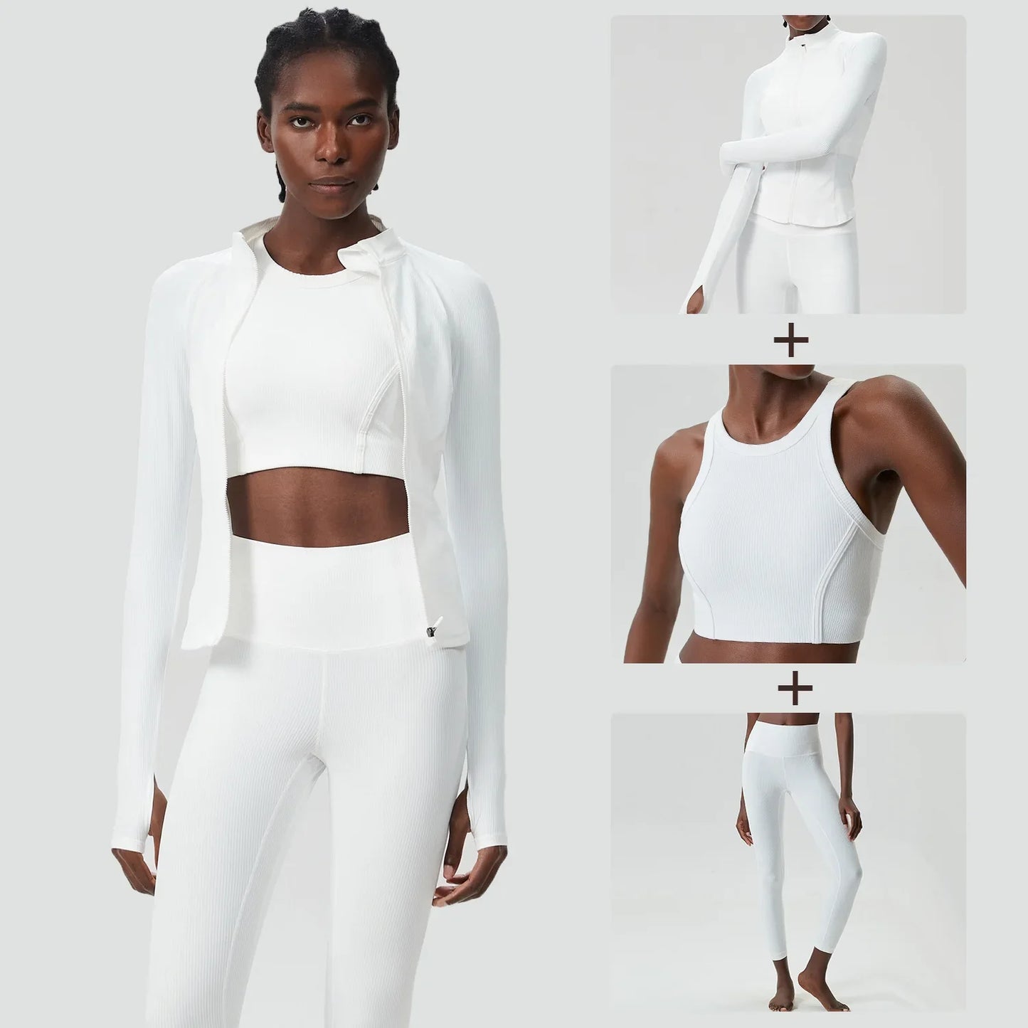 3PCS Women’s Fitness Yoga Set – Solid Color Ribbed Long Sleeve Top & High Waist Leggings, Breathable Workout Sportswear