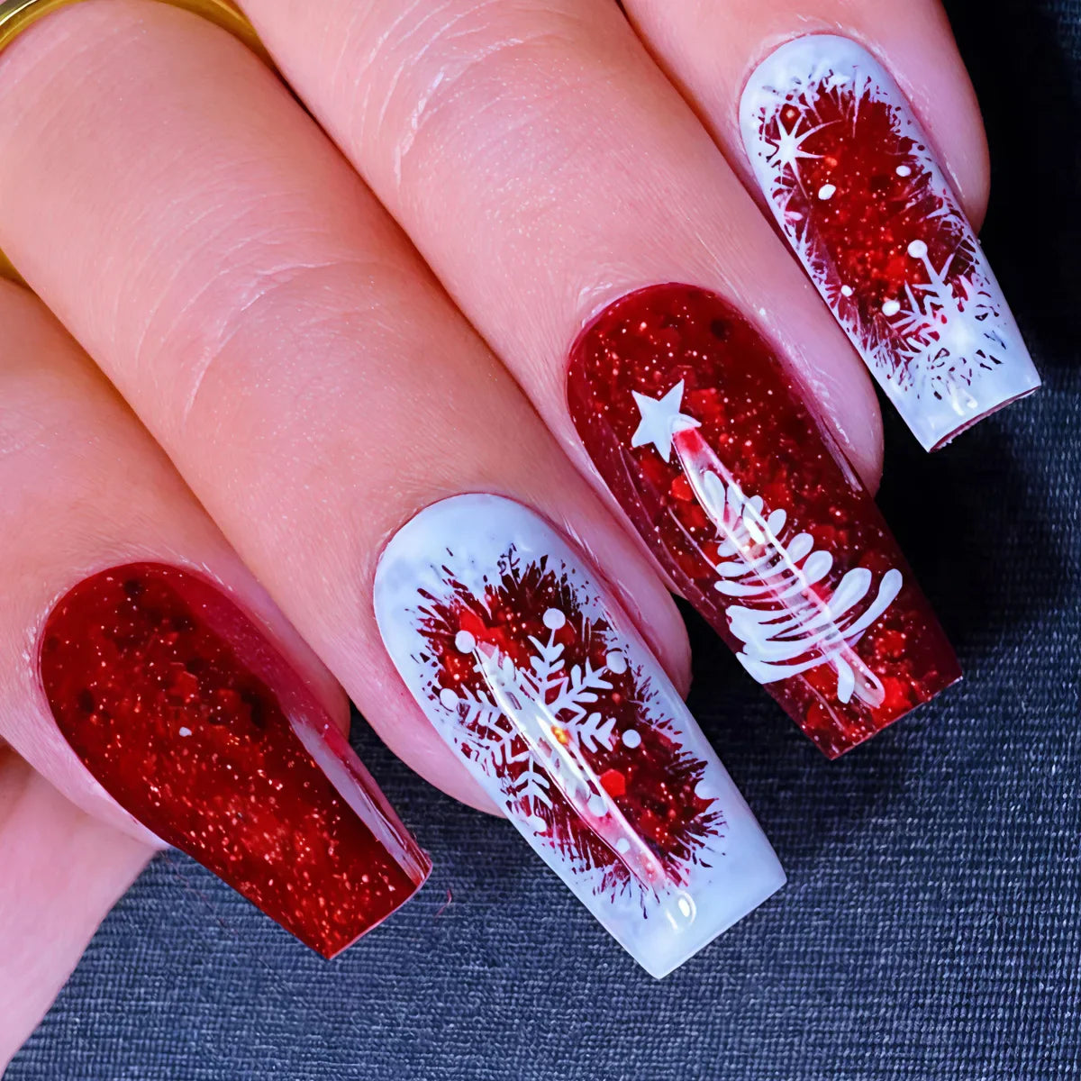 Medium Long Christmas Fake Nails – Square & Almond Tips with Tree, Snowflake & Snowman Designs