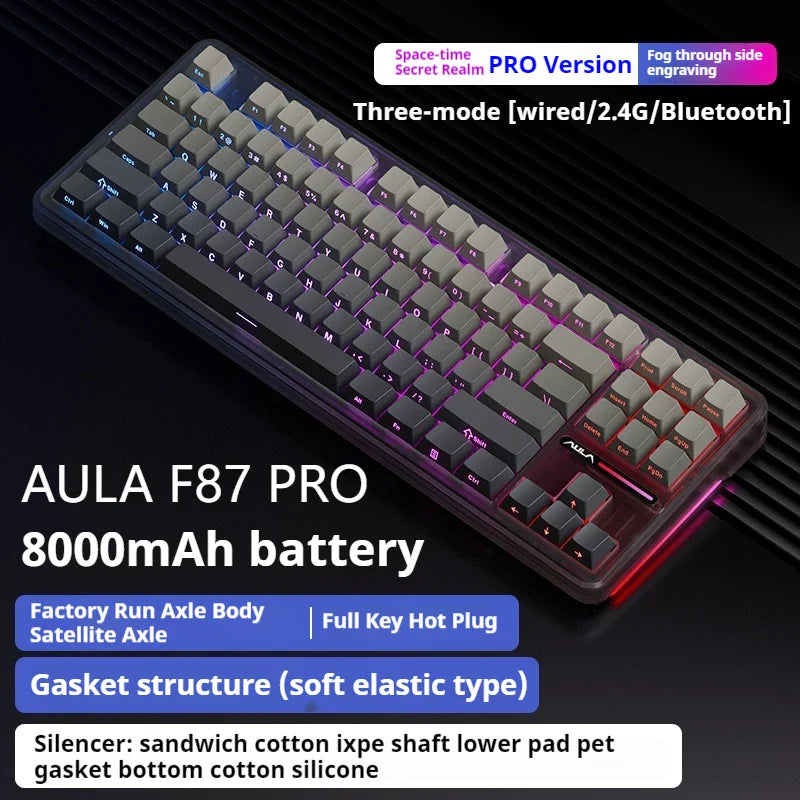 AULA F87 Pro Tri-Mode Mechanical Gaming Keyboard – Wired, 2.4G Wireless, Bluetooth, 87-Key RGB Hot-Swappable PBT, 8000mAh