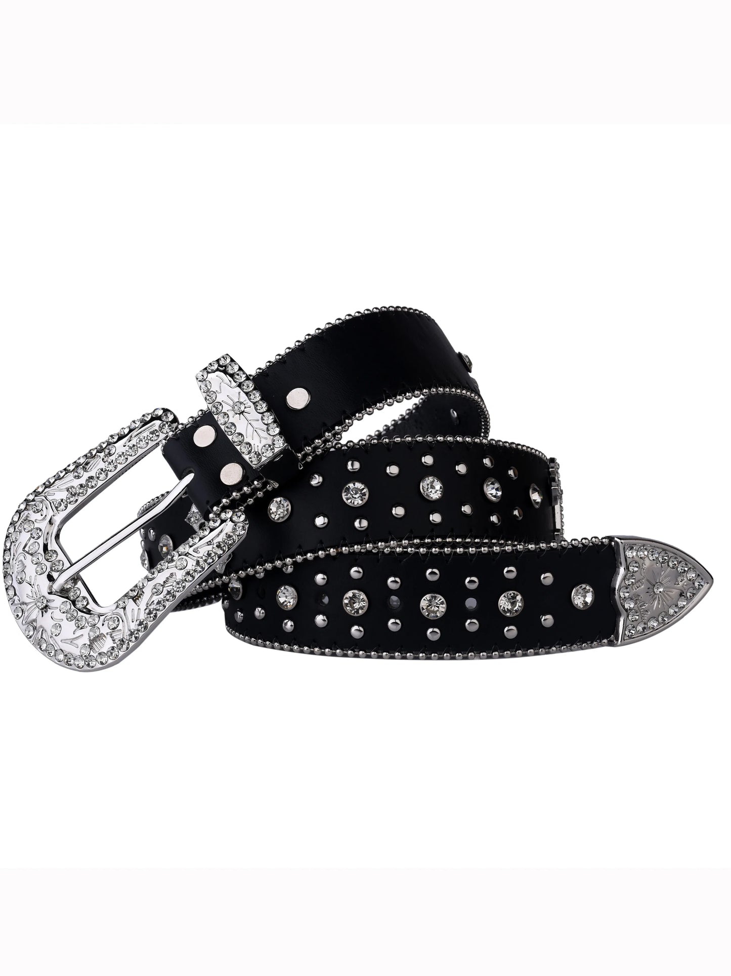 Black Cross Rivet Belt with Engraved Buckle – Rhinestone PU Punk Western Cowboy Cowgirl Jeans Belt