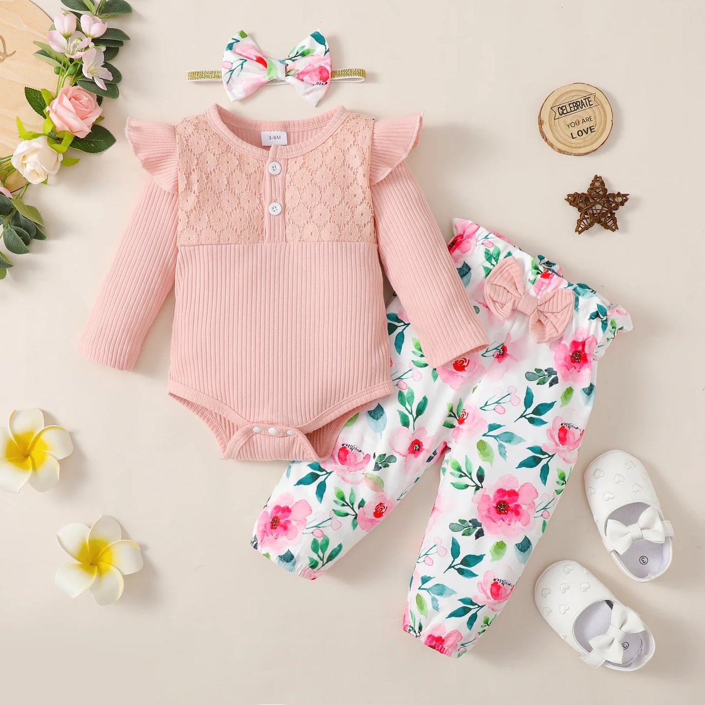 3-Piece Baby Girl Clothes Set – Long Sleeve Romper, Flower Pants & Headband, Spring & Autumn Outfit for 0-18 Months