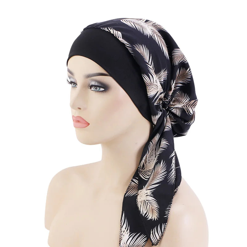 Women’s Pre-Tied Turban Cap – Muslim Hijab & Chemo Hair Loss Head Scarf with Flower Print Stretch Bandana