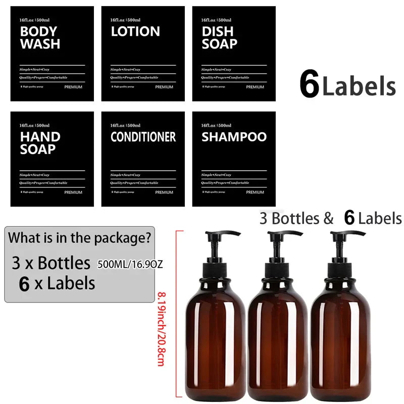 3 Pack 500ml Soap Dispenser Bottles with Labels – Kitchen & Bathroom Shampoo, Conditioner, Liquid Soap Containers