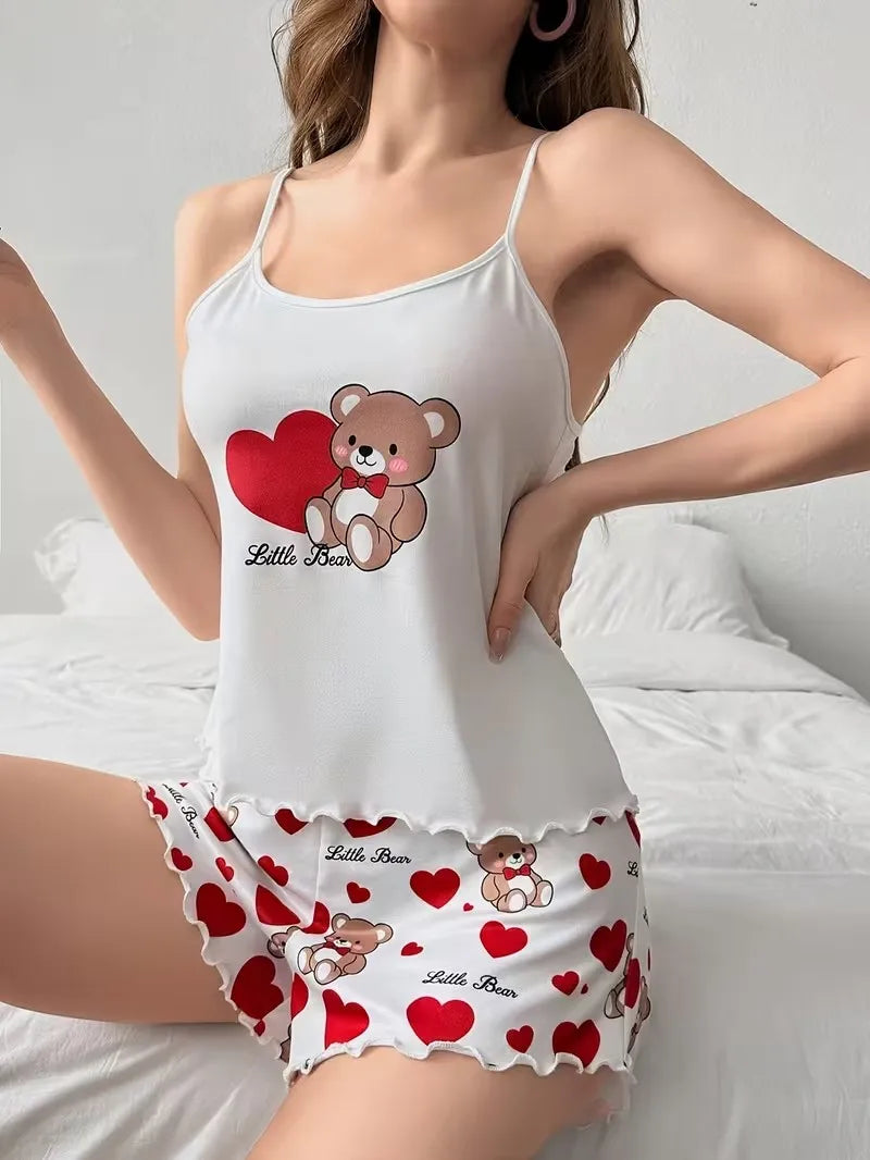 Cute Love Bear Pajama Set - Women's Heart Print Loungewear Top & Shorts Sleepwear