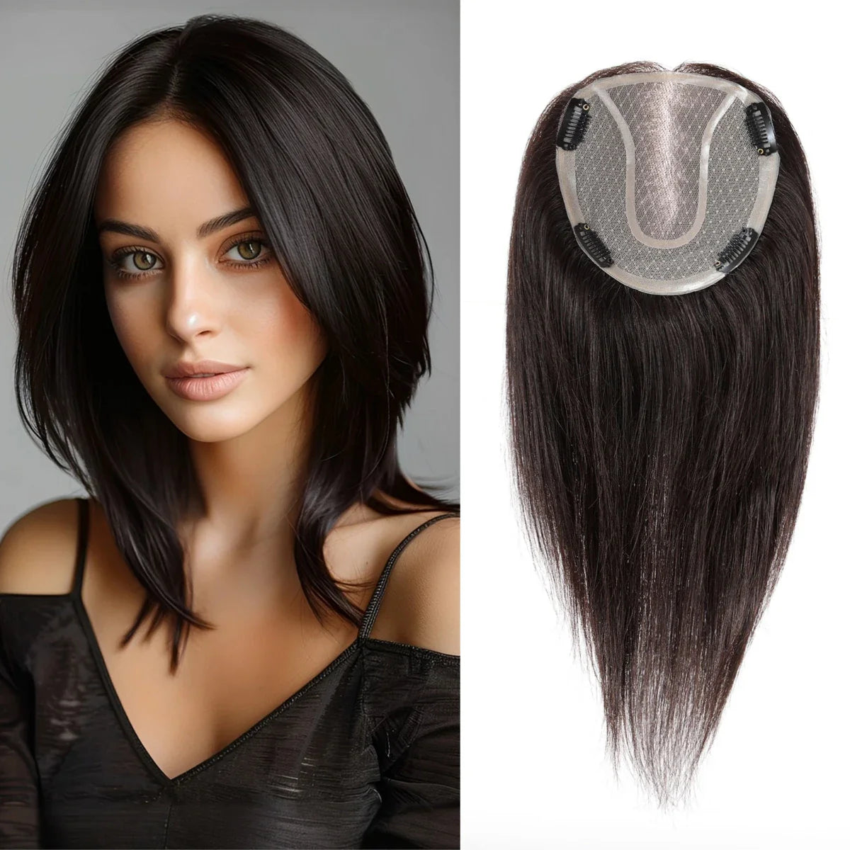 14" Gray Blonde Human Hair Topper – Mono Lace Base, 4 Clips, Natural Look for Thinning Hair