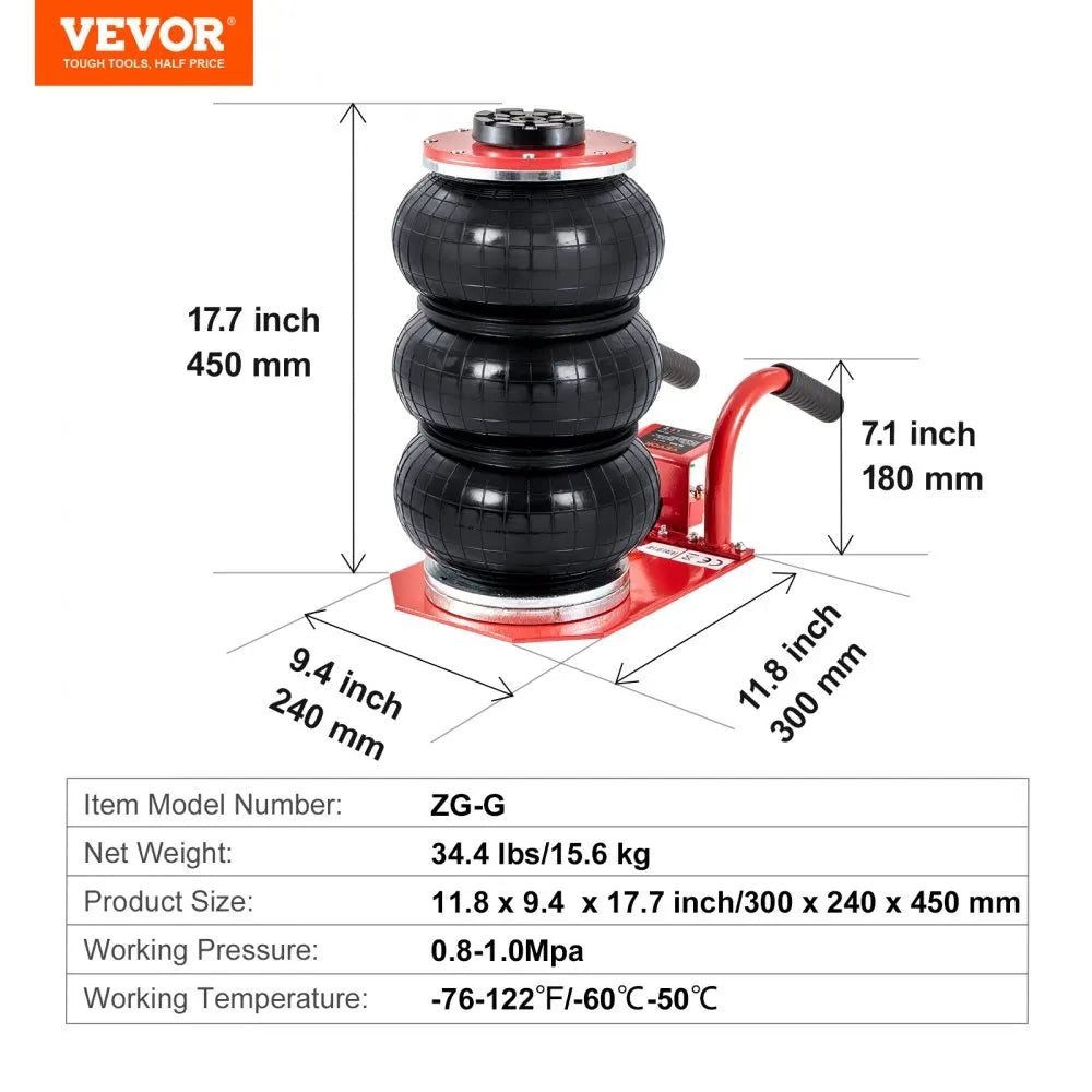 VEVOR Triple Bag Air Jack – 3 Ton (6600 lbs) Capacity Portable Pneumatic Car Jack for Heavy Duty Quick Lifting & Garage Repairs
