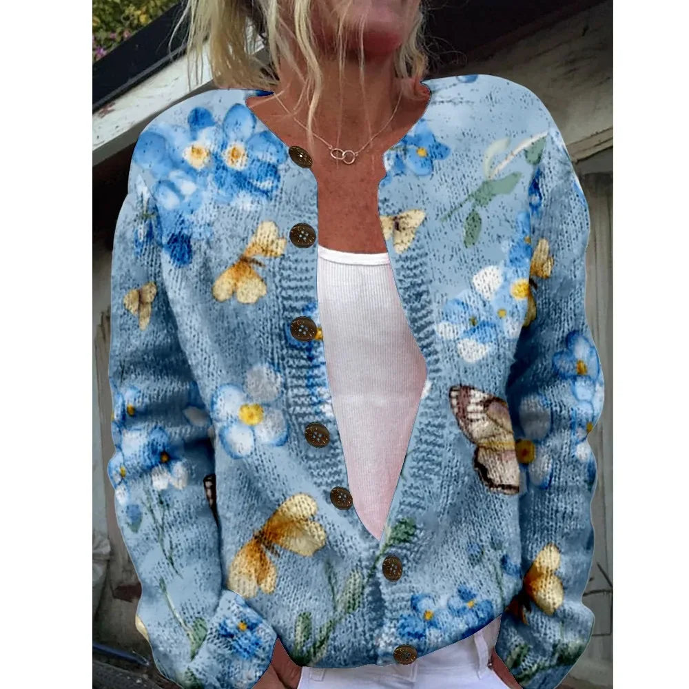 Women’s 3D Print Knitted Cardigan – Thin Vintage Sweater Autumn Winter Chic Knit Top Casual Streetwear