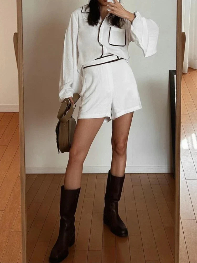 Summer Women’s Elegant Two-Piece Set – Cotton Linen Long-Sleeve Shirt & Shorts, Black & White Contrast