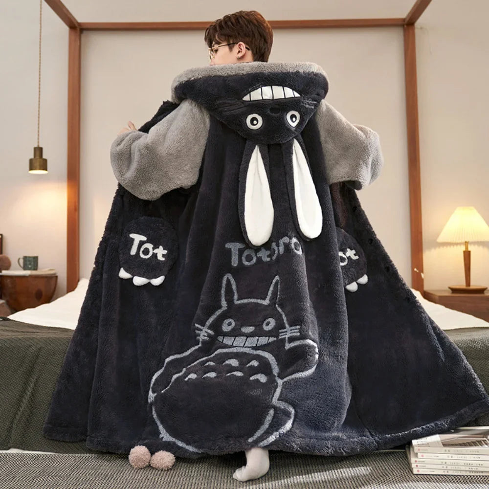 Gengar Pokemon Pajamas Set — Men’s Large Winter Coral Fleece Hooded Nightgown, Thick Warm Anime Home Suit