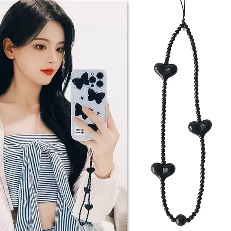 Black Heart Phone Charm Strap – Acrylic Beaded Y2K Cell Phone Lanyard Wristlet Chain Jewelry Accessory