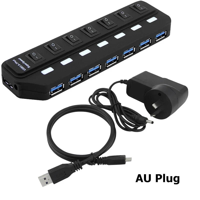 7-Port USB 3.0 Hub - High Speed 5Gbps Splitter with Power Switch & Long Cable for Multiple Device Expansion