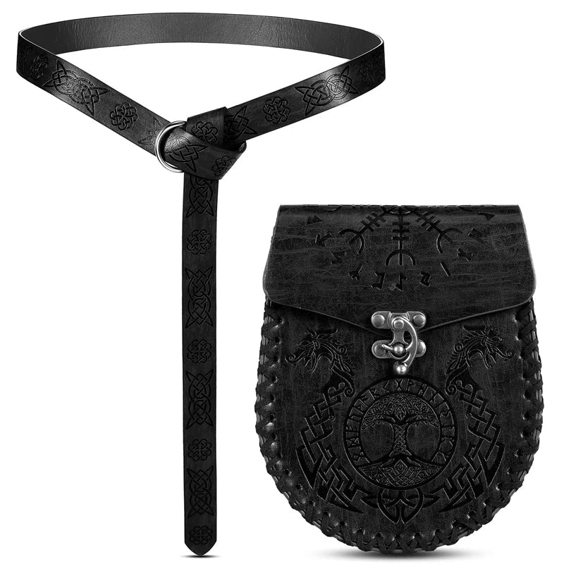 Medieval Viking Leather Belt – Unisex Embossed Renaissance Fanny Pack & Halloween Costume Accessory (1–2 Pcs)