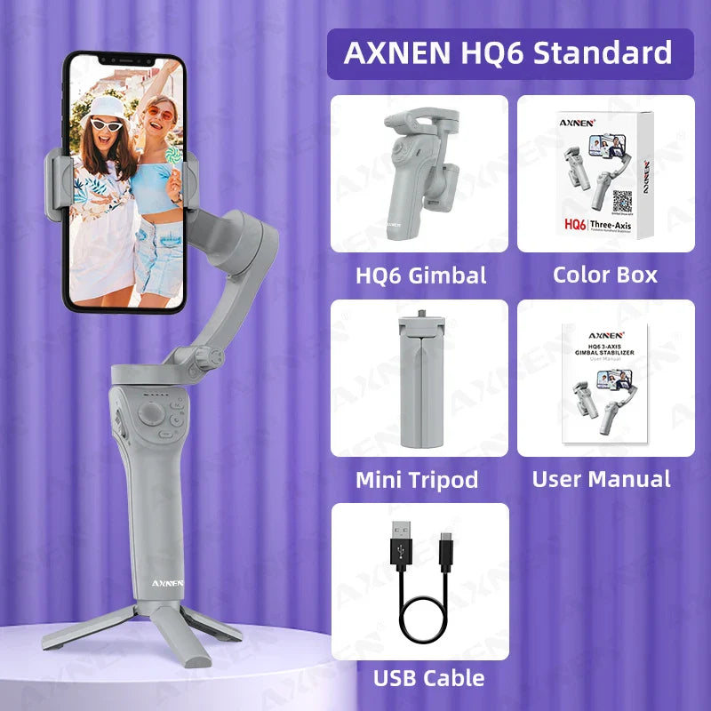 3 Axis Handheld Gimbal Stabilizer with Fill Light – Smartphone Stabilizer for iPhone & Android, Face Tracking, TikTok, Vlog – HQ6