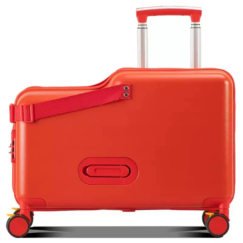 18-Inch Foldable Kids Suitcase with Seat – Lightweight PC Luggage for Boys & Girls, Compact Travel Pedal Boarding Case