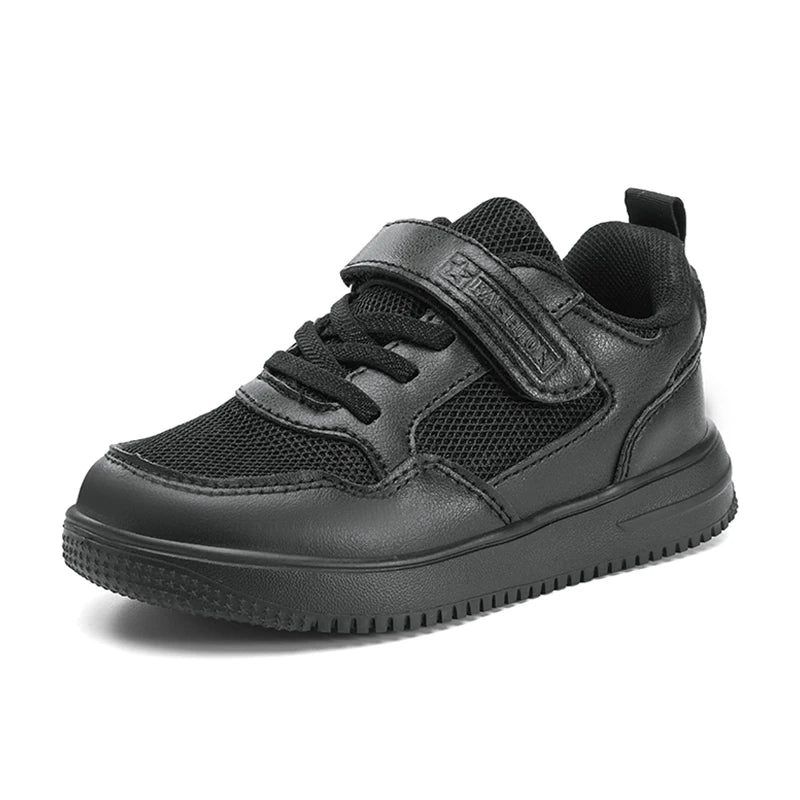Kids' Black Leather Sneakers – Non-Slip Casual Walking & Tennis Shoes for Boys and Girls