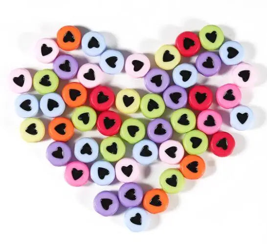 100Pcs 7mm Acrylic Flat Round Beads – Colorful Heart Pattern Spacer Beads for DIY Bracelet & Earring Jewelry Making Supplies