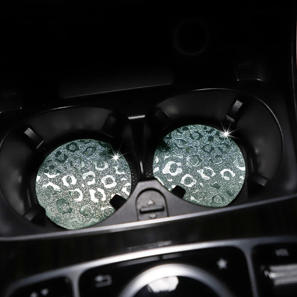 Waterproof Car Cup Holder Set - Glitter Leopard Print TPU Anti-Slip Interior Accessories