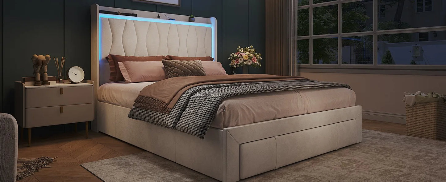 Queen Size Upholstered Platform Bed Frame with LED Lights, 3 Storage Drawers & USB Charging Station β Velvet Finish