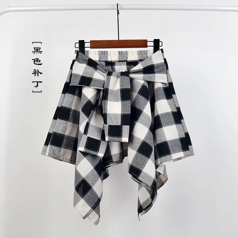 Summer Casual Retro Women’s Mini A-Line Skirt – Blue White Lattice Bow-Knot Elastic Waist Short Skirt