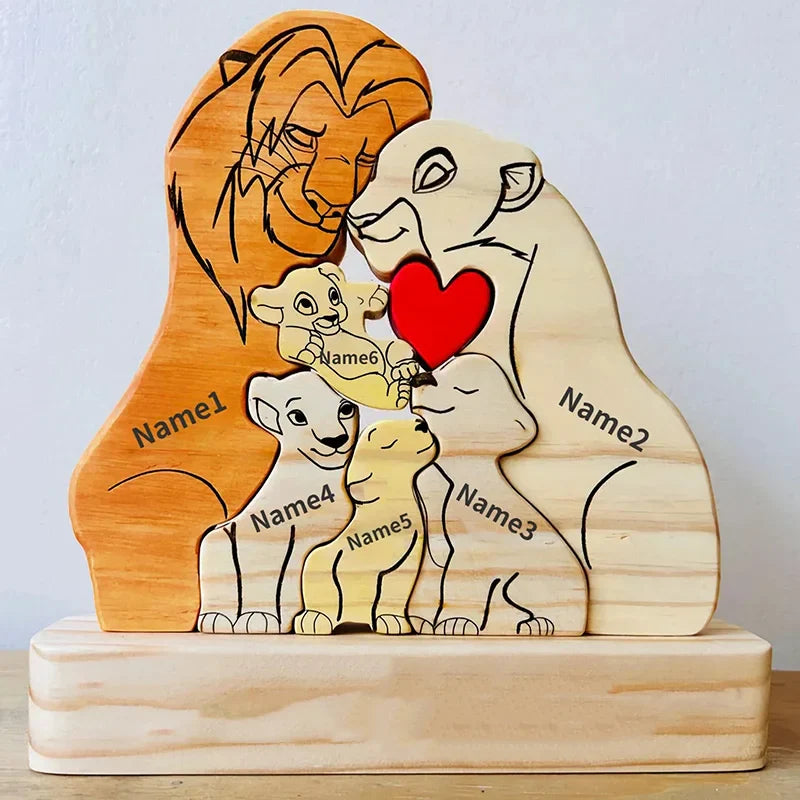 Personalized Wooden Lion Family Puzzle — Custom Name Art Puzzle for Home Decor, Anniversary & Warm Family Gift Keepsake