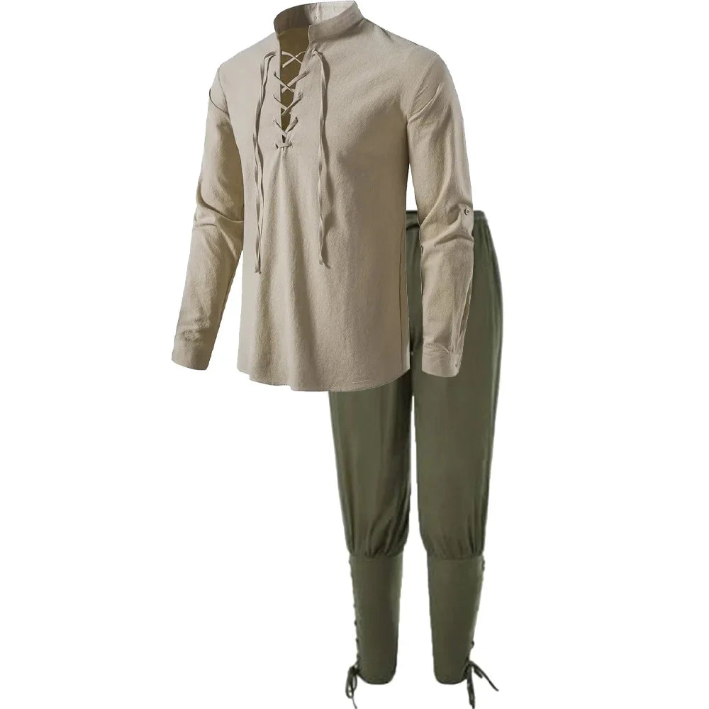 Men's Medieval Knight Costume Set – Renaissance Pirate Shirt & Ankle Pants Halloween Cosplay in Cotton Linen