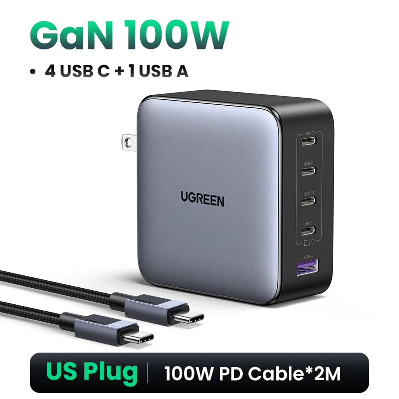 UGREEN 100W GaN 5-Port USB-C Charger – Fast Charger QC4.0/3.0 PPS for MacBook, Laptop, iPhone 16/15/14 Pro, Tablet