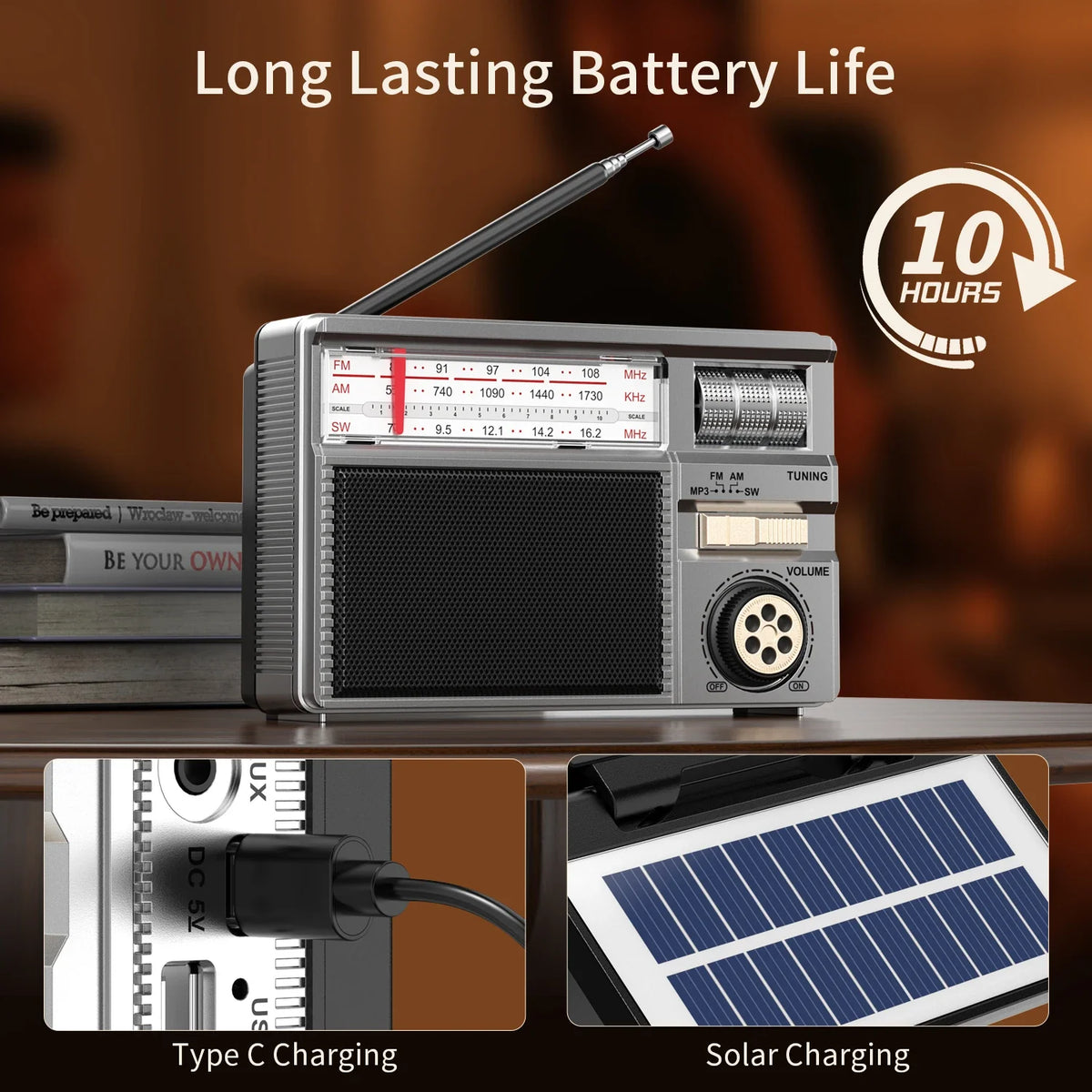Retro All-Band Portable Radio – Wireless Audio, Solar & Multi-Mode Charging, Long Battery Life Outdoor Emergency Radio with Multiple Playback Modes