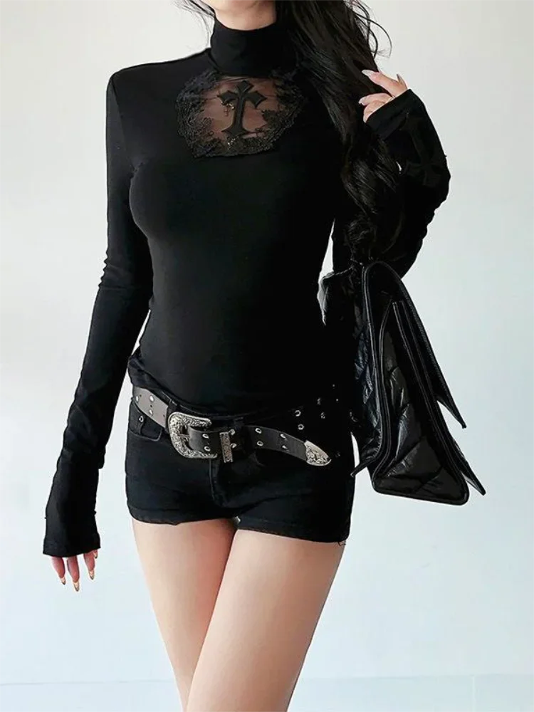 Y2K Black Gothic Turtleneck Top – Hollow Cross Slim Long-Sleeve T-Shirt for Women