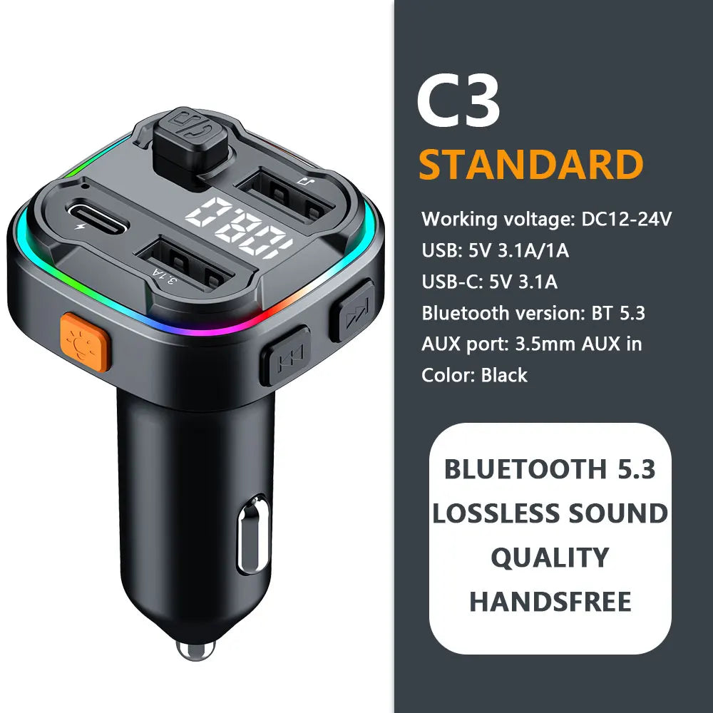 Bluetooth 5.3 Car FM Transmitter – Handsfree Wireless Audio Adapter with USB-C Fast Charging, MP3 Player & Auto Radio Modulator Car Kit for All Vehicles