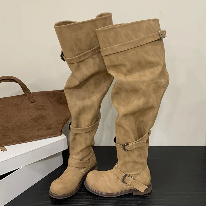 Eilyken Women’s Over-the-Knee Boots – Round Toe Punk Style with Pleated Buckle Strap, Low Square Heels for Autumn Winter