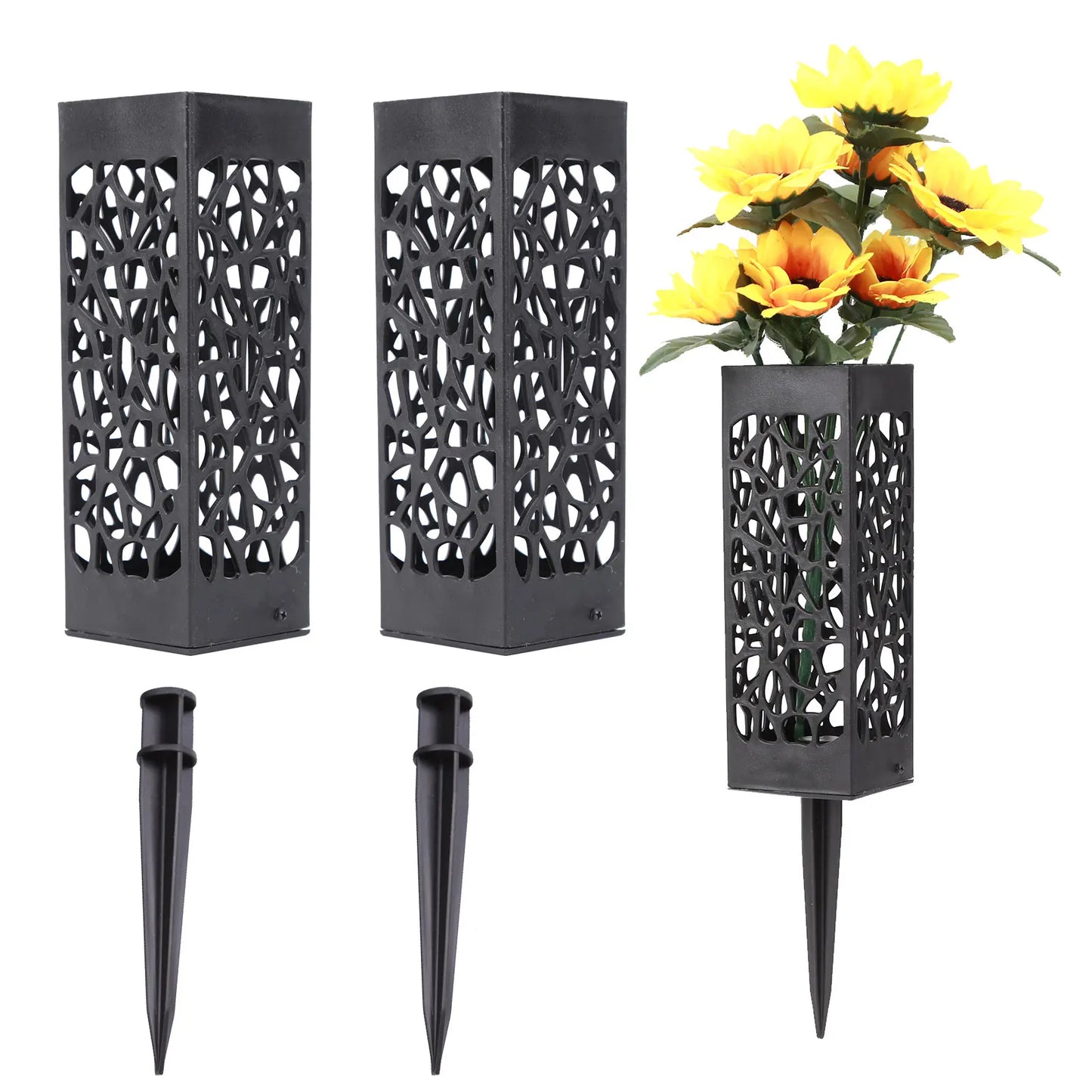 1/2/4PCS Cemetery Vase Decorations – Black Plastic Hollow Flower Holder with Long Spike, 7.28x2.17x2.17 Inch for Grave Markers
