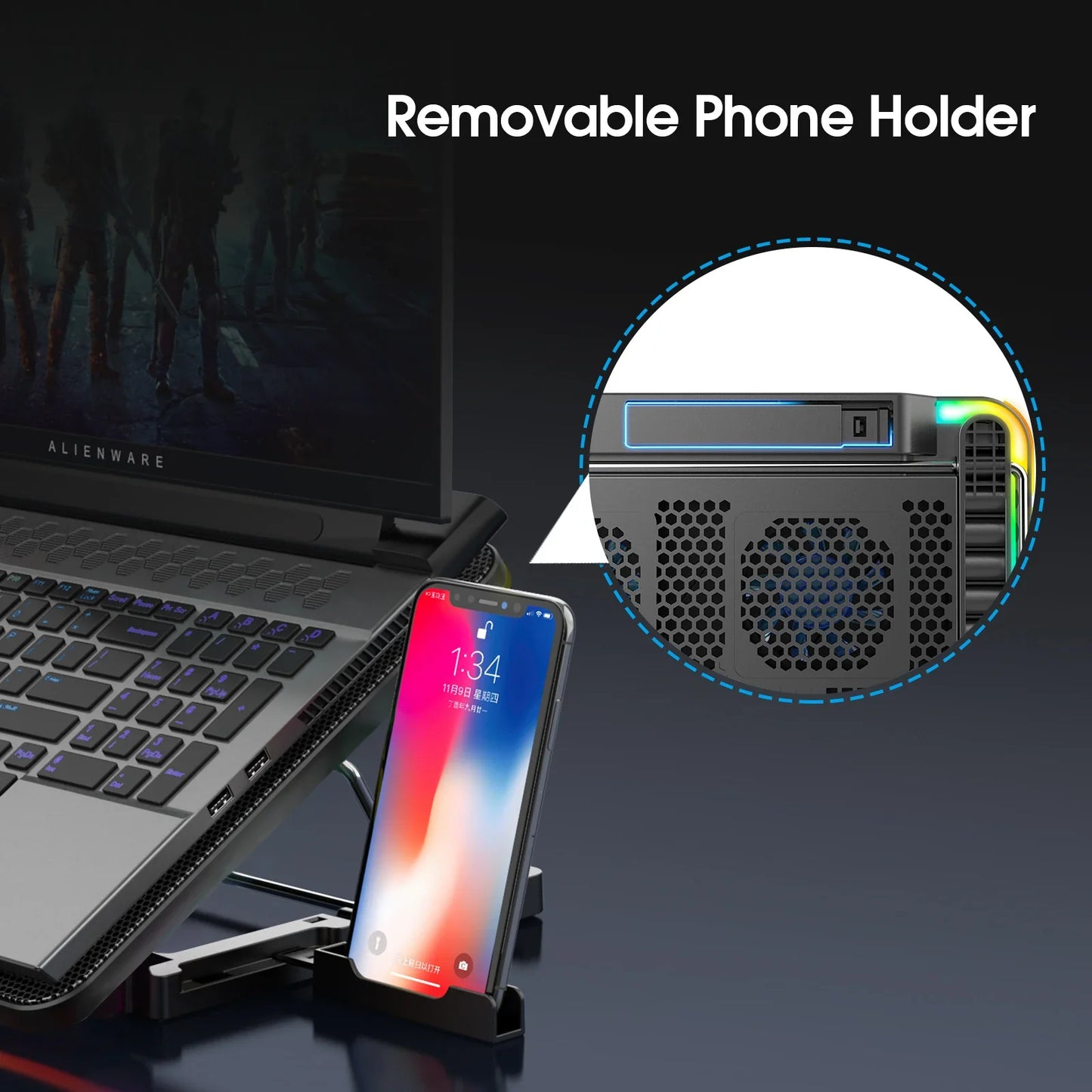 Coolcold 15.6–17.3 Inch Laptop Cooling Pad with 6 Quiet Fans, 7-Level Height & Wind Speed Adjustment, Laptop Cooler with Mobile Phone Holder