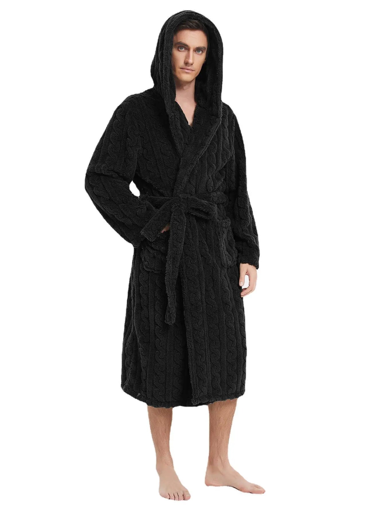 Men’s Fall & Winter Warm Hooded Robe – Thickened Cotton Velvet Jacquard Homewear for Couples