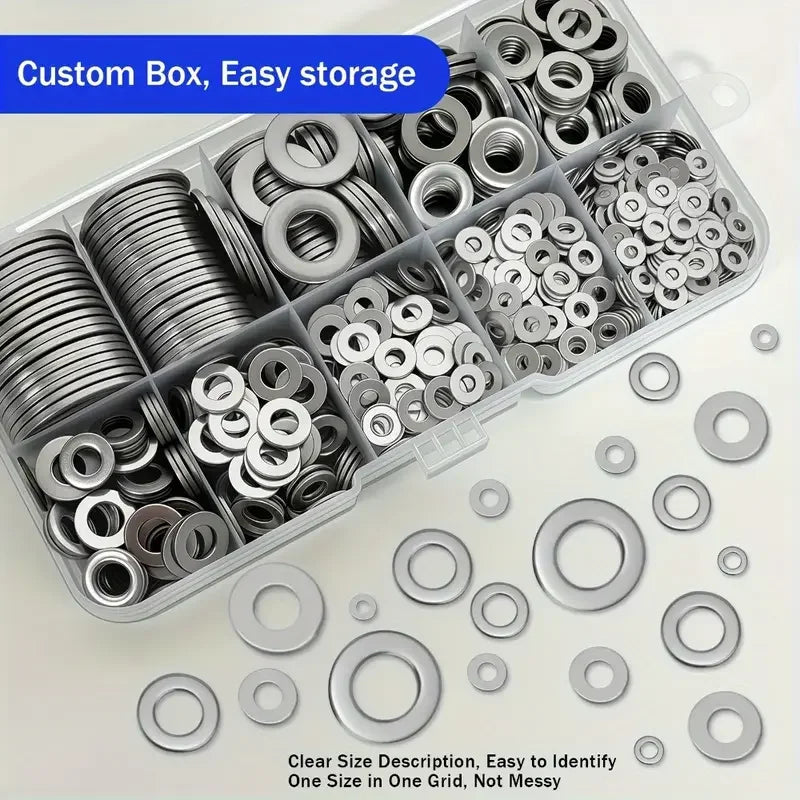 400Pcs Flat Washer Gasket Set – M2 to M12 Assorted Anti-Slip Sealing Washers Combo Kit in Storage Box for DIY & Repair Use