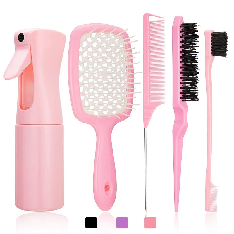 5PCS Comb Set – Detangling Hair Brush, Curly Hair Curved Rat Tail Comb, Edge Brush, Salon Tools for Curly Hair