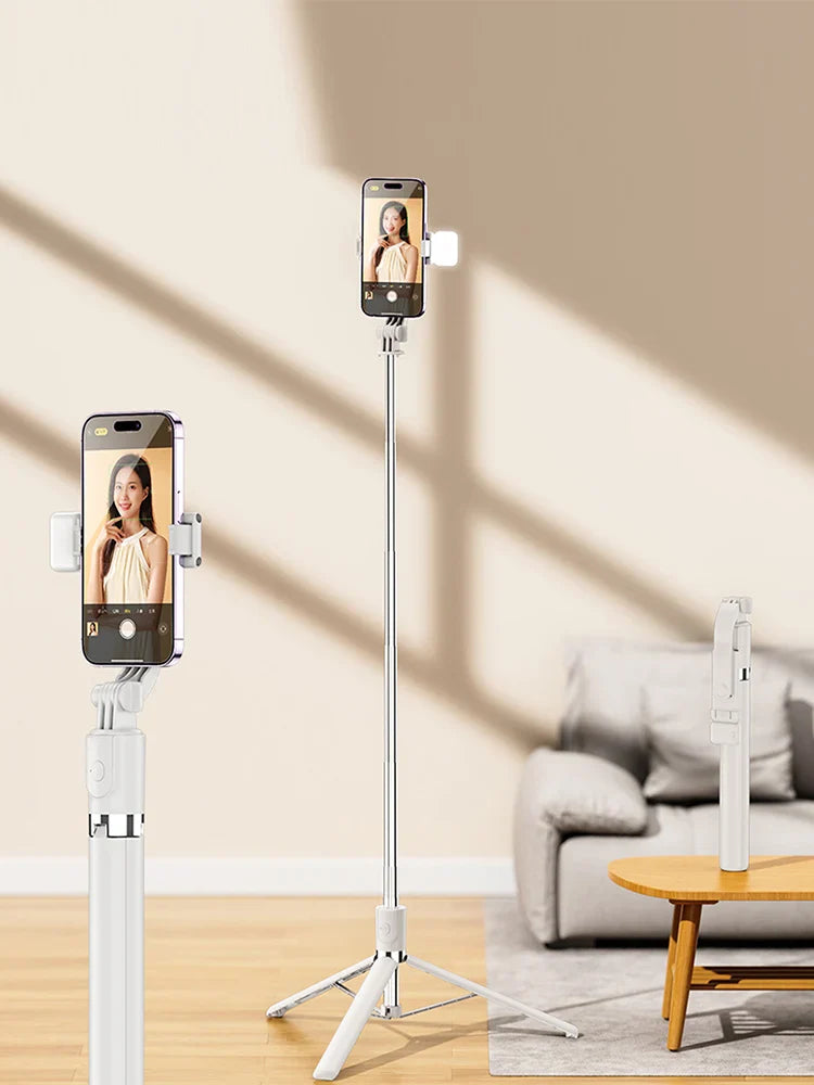 170cm/67in Selfie Stick Tripod – Extendable Aluminum Stand with Fill Light & Bluetooth Remote, Compatible with iPhone & Android