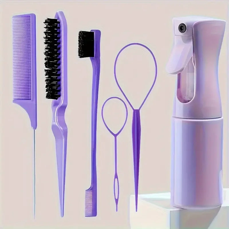 6-Piece Hair Brush Set – Hairdressing Spray Bottle, Braiding Loop, Rat Tail Comb, Teasing & Edge Control Brushes