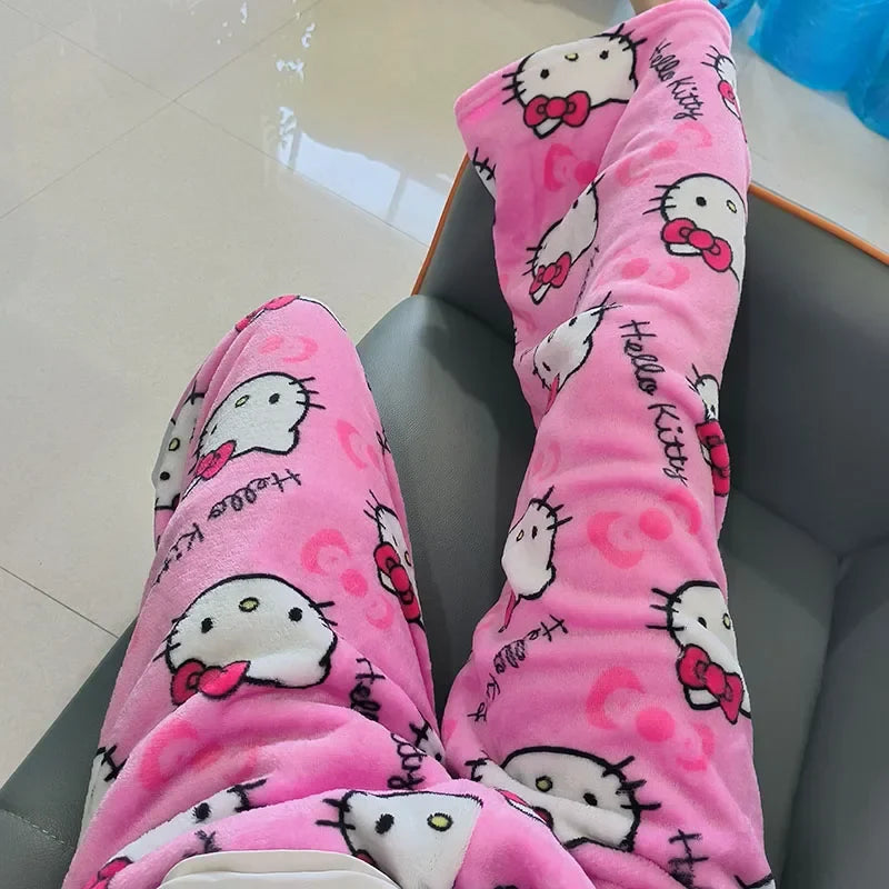 Thick Hello Kitty Fleece Pajama Pants – Soft Double Elastic Anime Trousers for Women, Cute Sanrio Birthday Gift