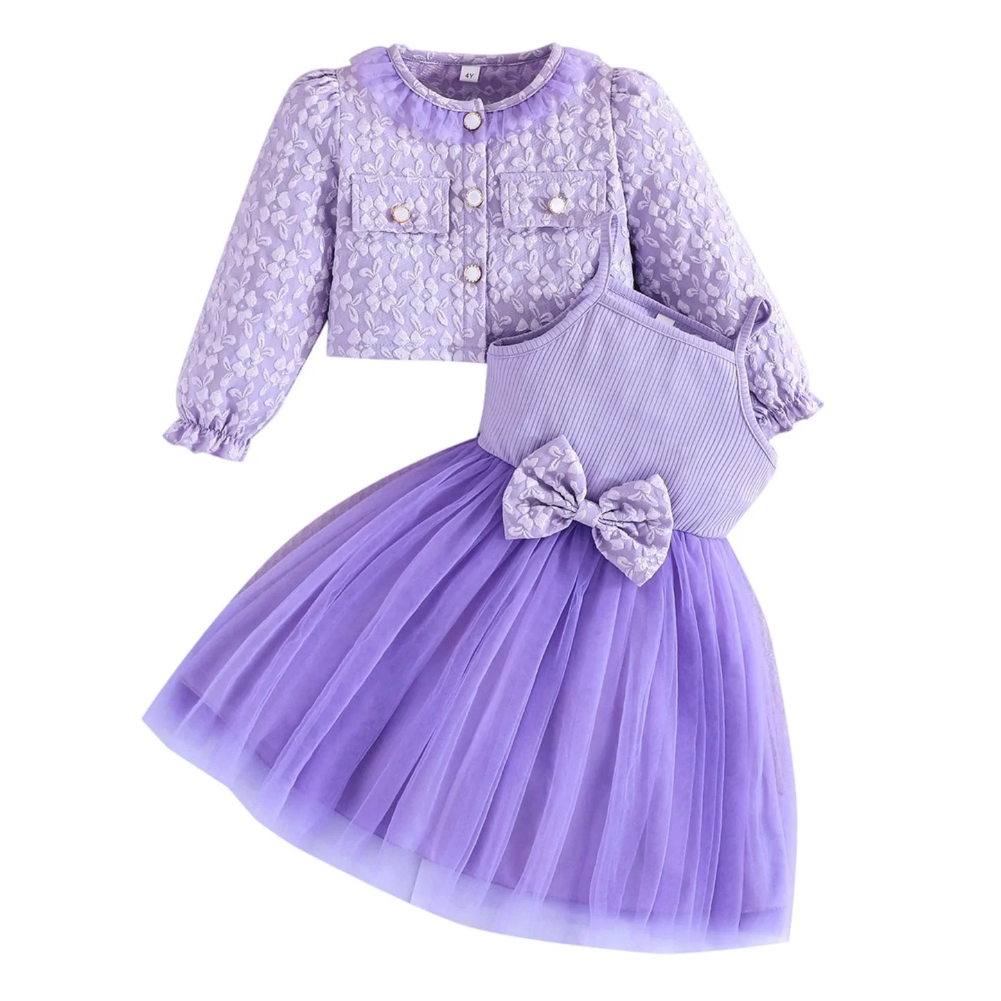 Girls' Summer & Fall 2-Piece Set – Tulle Patchwork Slip Dress with Flower Jacket, Casual Outfit for Ages 2-8Y