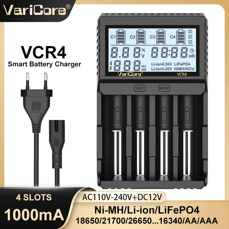 VariCore VCR4/VCP4 LCD Smart Battery Charger – Capacity Tester for 3.7V Li-Ion (18650, 21700, 26650), 3.2V LiFePO4 (32700), and 1.2V Ni-MH (AA/AAA)