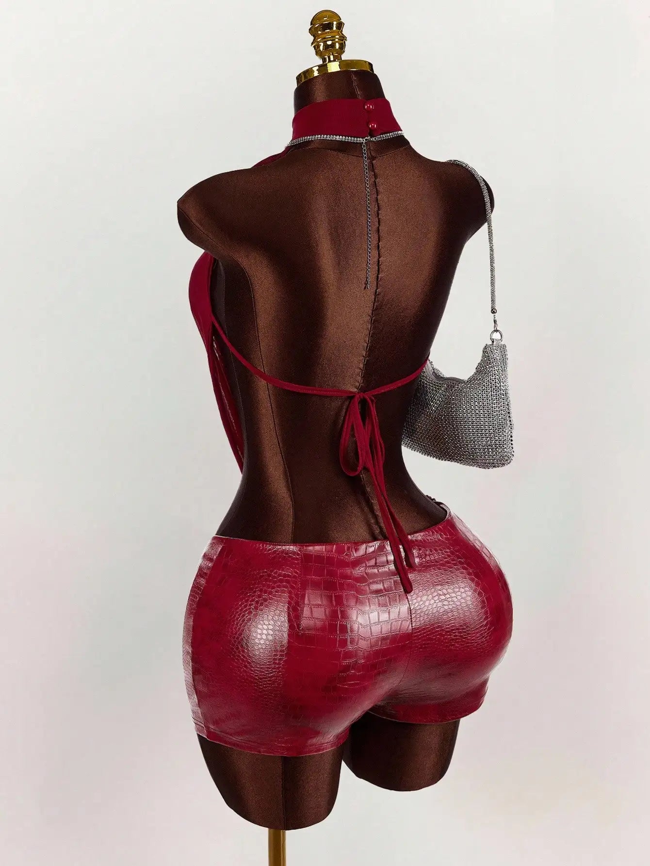 Women’s Mesh Halter Top Leather Jumpsuit - Solid Color Stylish Party & Club Outfit