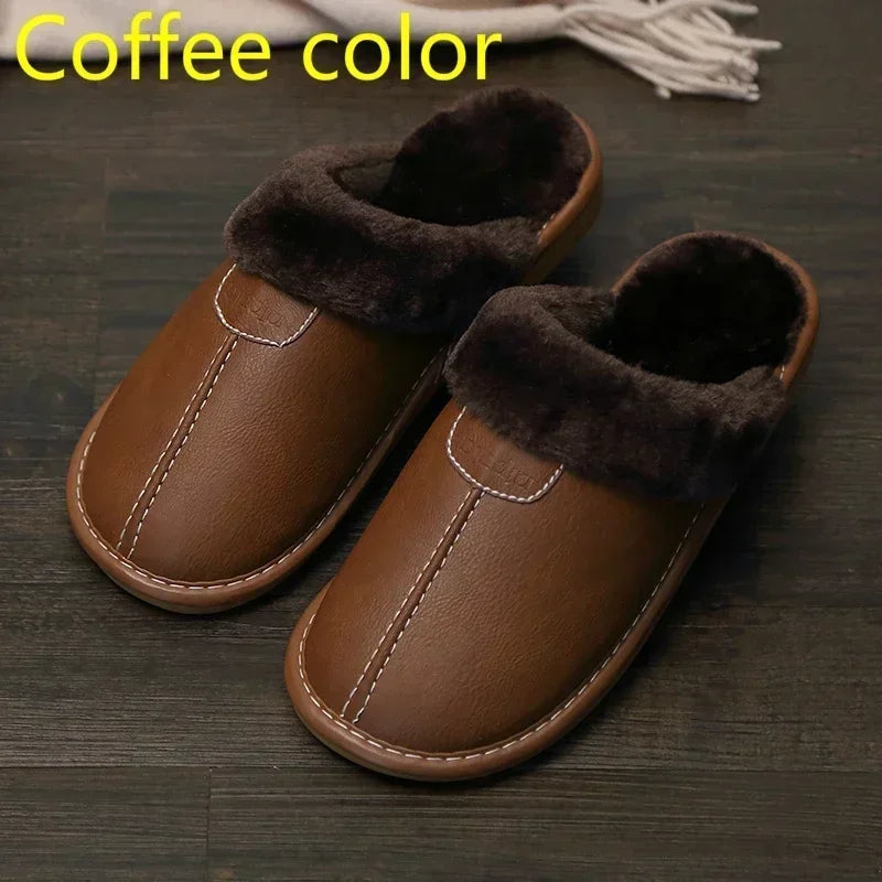 Men & Women Winter PU Leather Slippers — Black Waterproof Indoor Home Shoes, Warm Cozy House Slippers
