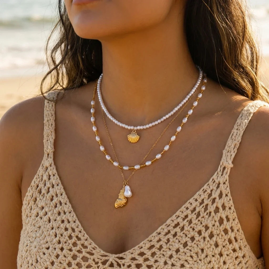 Bohemian Shell Layered Necklace - Vintage Starfish & Turtle Blue Beaded Beach Jewelry for Women