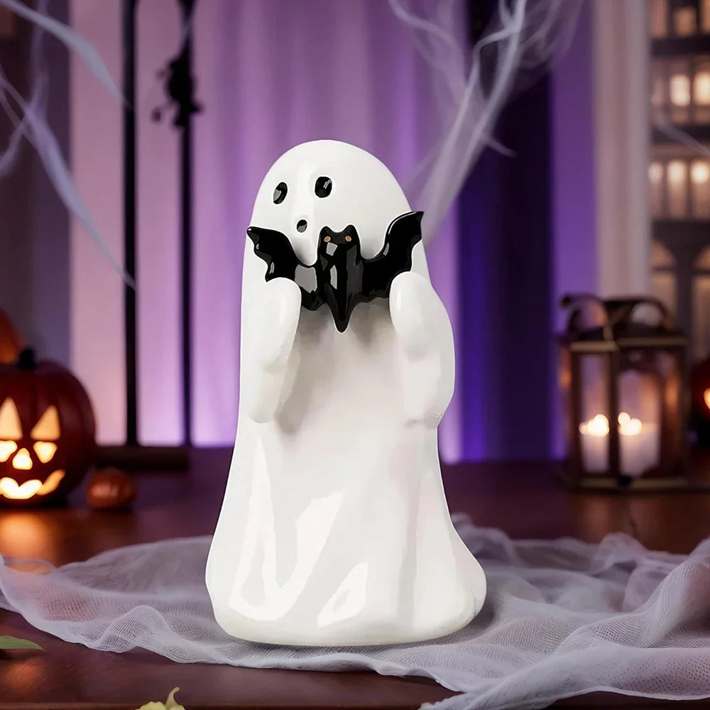 8.5cm White Cute Ghost Figurine — Halloween Desk & Shelf Decor with Black Bat, Kawaii Heart Ghost Mini Statue