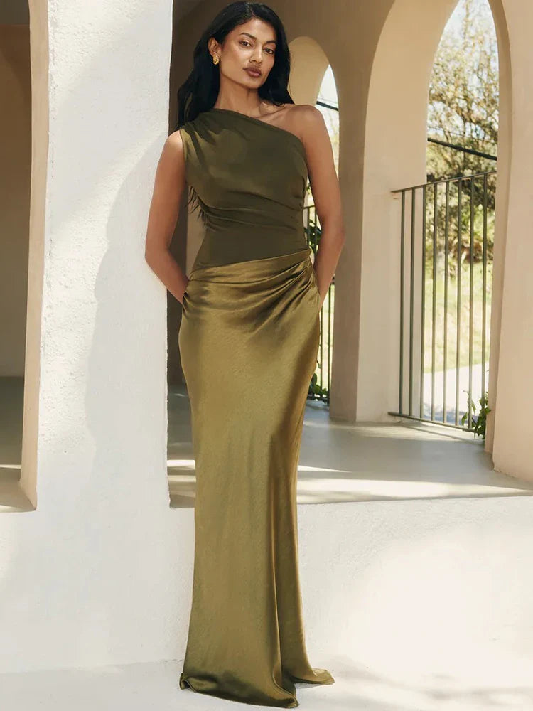 JULISSA MO Women’s Patchwork Satin Maxi Dress – Sexy One-Shoulder Brown Sleeveless Evening Party & Clubwear Dress